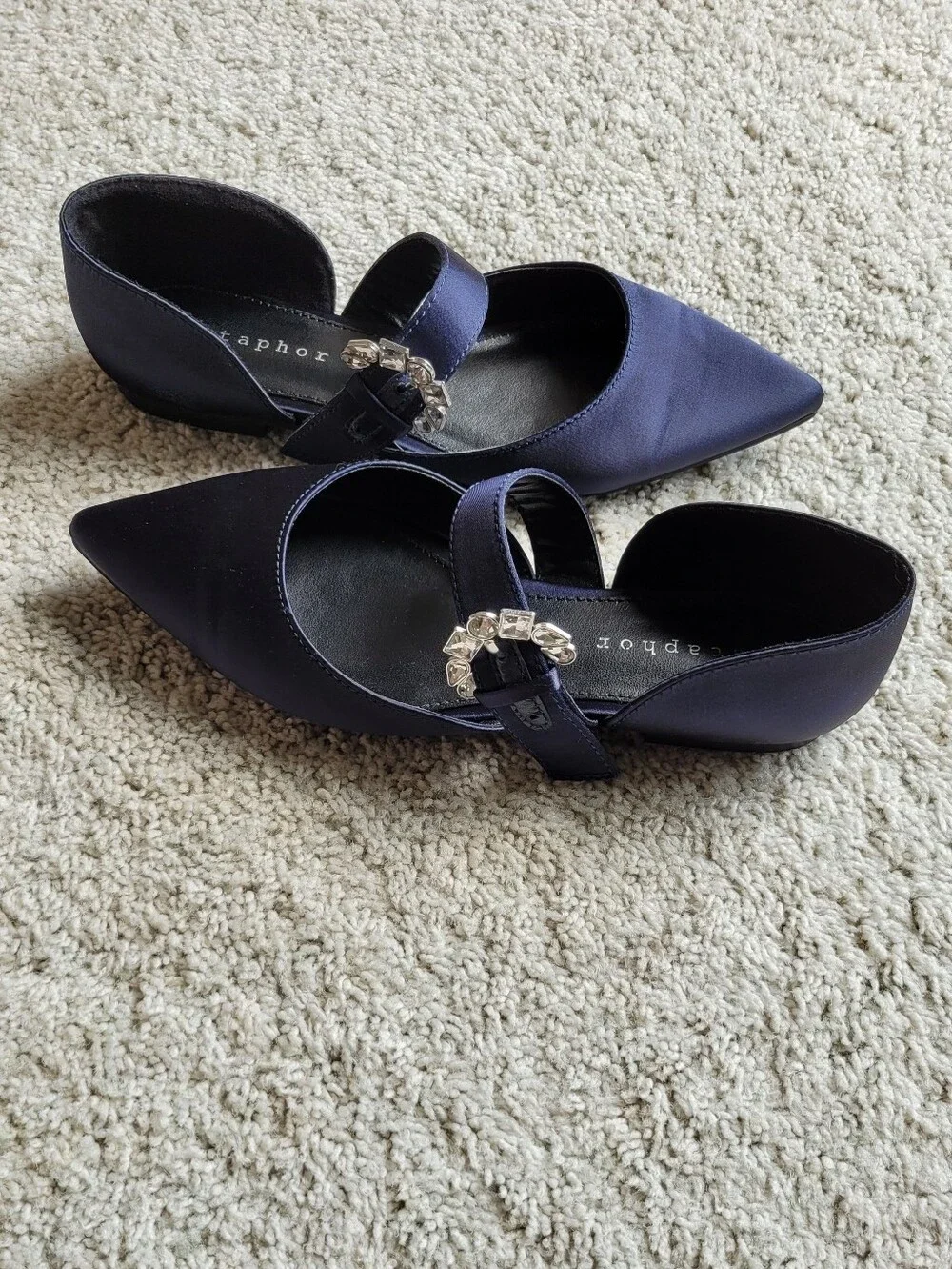 A Lovely Navy Satin Mary Jane With Pointed Toes And Jewelry